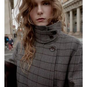 ZARA PLAID WRAP JACKET - CHECKERED FUNNEL NECK COAT